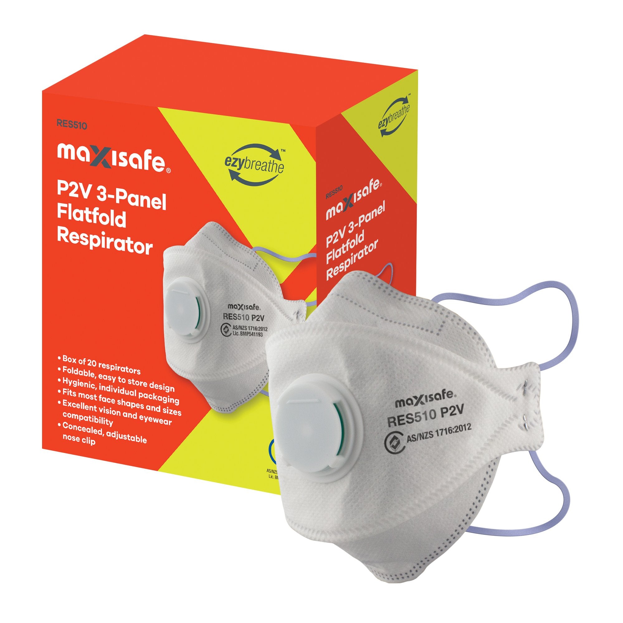 Maxisafe P2 3-Panel Flat fold Respirator with valve, box 20
